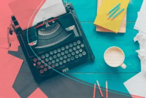 autor - imagem mostra uma máquina de escrever sobre uma mesa de madeira ao lado de uma xícara de café e papeis de anotações - editora viseu