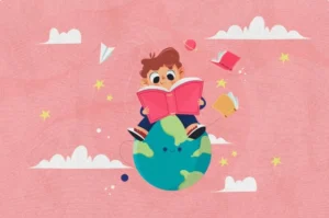 ilustração de um menino sentado sobre um globo terrestre lendo um livro - publicar livro infantil