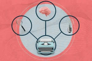 storytelling - na imagem há um organograma que liga uma máquina de escrever a uma lupa, um cérebro e uma lâmpada
