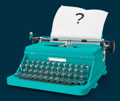máquina de escrever azul turquesa com uma folha em branco com ponto de interrogação - como publicar um livro com uma editora de livros