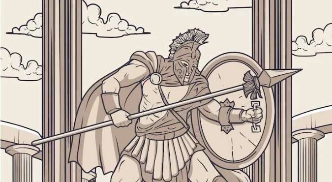 Livro de mitologia grega - guerreiro grego ilustração