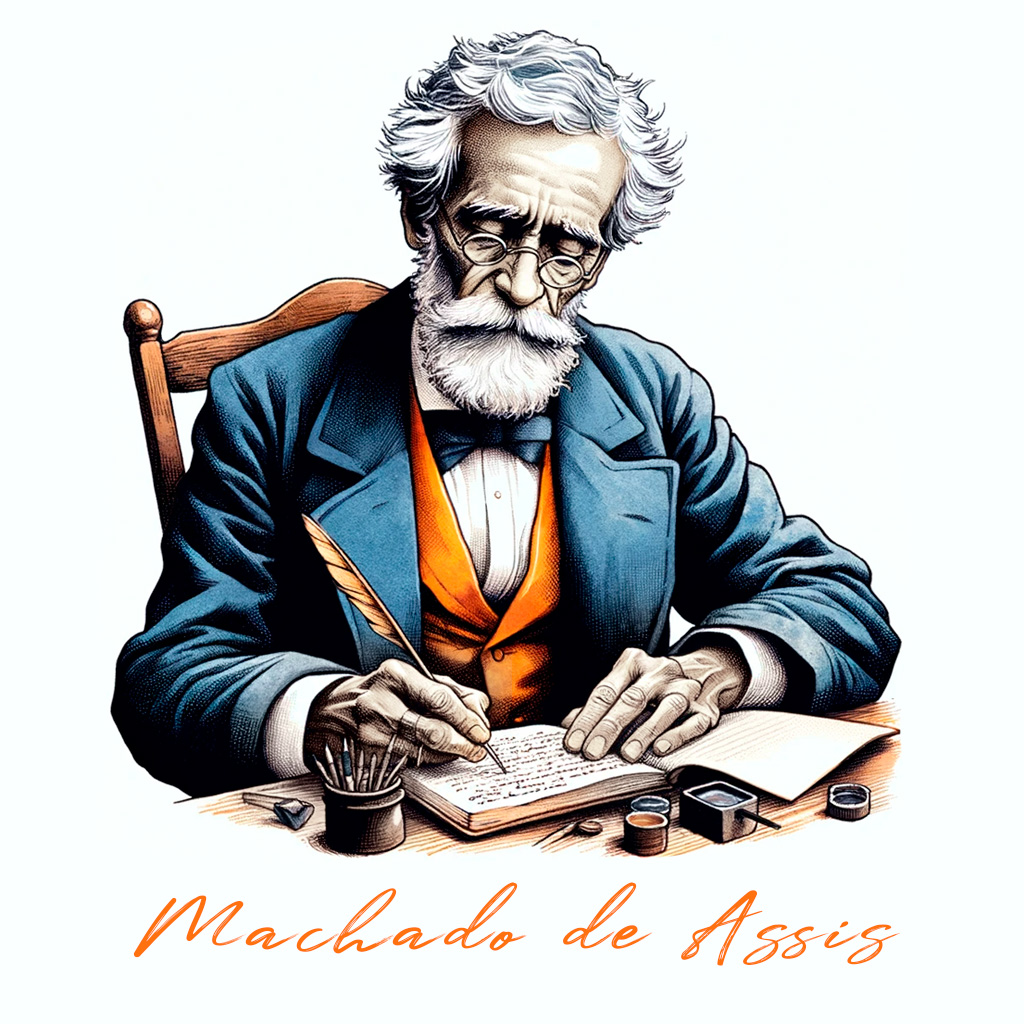 Ilustração de Machado de Assis, autor clássico brasileiro, sentado à mesa enquanto escreve. Ele está vestido com um terno do século XIX, com um colete laranja, e usa óculos e uma barba branca. Na mesa, há folhas de papel, um tinteiro e moedas de cobre. O nome 'Machado de Assis' está escrito embaixo da ilustração em uma fonte elegante.