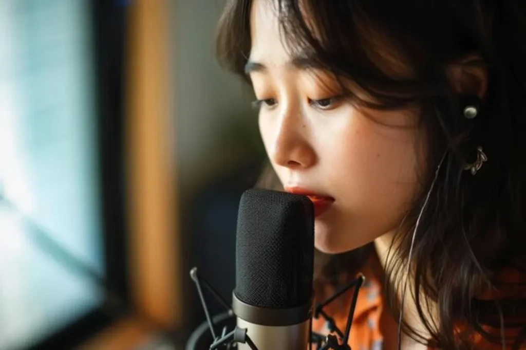 Mulher nipônica jovem gravando no microfone